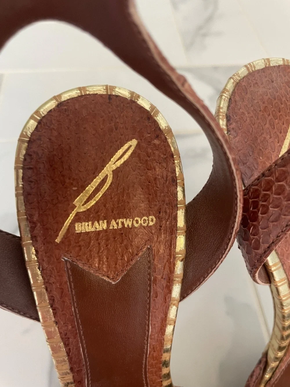 Brian Atwood 7/37 Fontenay Snakeskin Platform Ankle Strap Heels Brown Gold